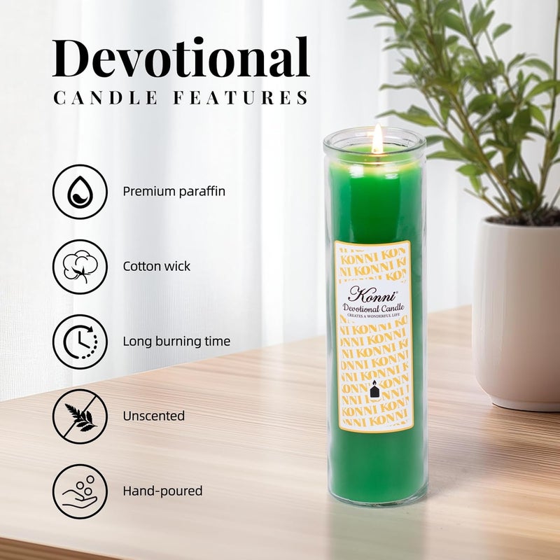 KONNI 2x8 Inch Green Pillar Candles in Glass Set of 3, Devotional Prayer Candle, Unscented Religious Candles, 105 Hours Emergency Long Burning, Ideal for Memorials, Vigil, Blessing - Image 3